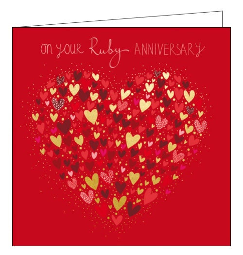 This 40th wedding anniversary card is covered with a large heart made of tiny red and gold hearts. White text on the front of the anniversary card reads 