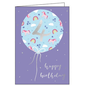 This pretty 4th birthday card is decorated with a large light blue balloon with a large silver "4" in the middle, surrounded by a pattern of unicorns and rainbows. Silver text on the front of the card reads "happy birthday".
