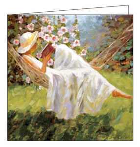 This birthday card features detail from Paul Milner's acrylic artwork, showing a woman in a white sundress and straw hat relaxing in a hammock with a book.
