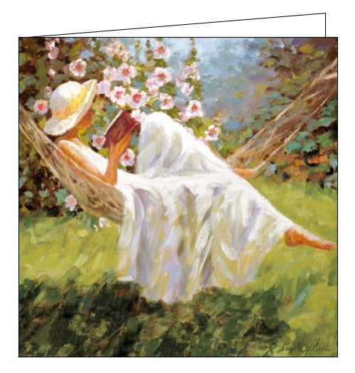 This birthday card features detail from Paul Milner's acrylic artwork, showing a woman in a white sundress and straw hat relaxing in a hammock with a book.
