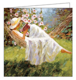 This birthday card features detail from Paul Milner's acrylic artwork, showing a woman in a white sundress and straw hat relaxing in a hammock with a book.