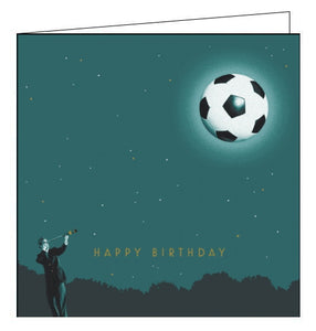 This unusual birthday card is decorated with a scene of a man looking though a telescope at the night sky. In place of the moon however, is a giant football. Gold text on the front of the card reads "Happy Birthday".
