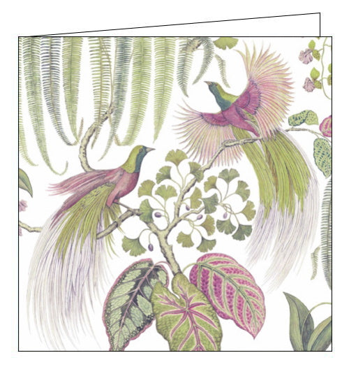 This beautiful greetings card features detail from one of Sanderson's iconic wallpaper and fabric designs showing two birds of paradise with green and purple plumage, surrounded by foliage.