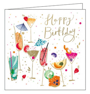 This lovely birthday card is decorated with a collection of delicious looking cocktails, all in bright colours and adorned with tiny umbrellas and slices of fruit. Gold text on the front of the card reads "Happy Birthday".