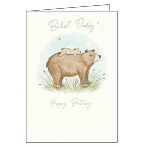 This very cute birthday card for a wonderful Daddy is decorated with a delicate illustration of a bear with cub sleeping on his back. The text on the front of the card reads "Bestest Daddy...Happy Birthday".