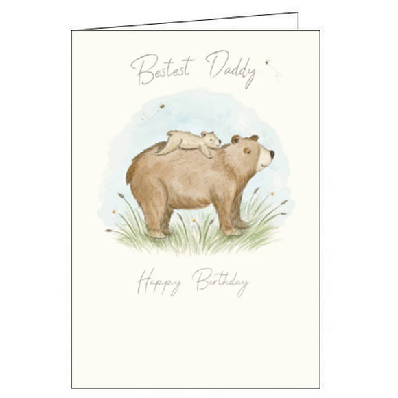 This very cute birthday card for a wonderful Daddy is decorated with a delicate illustration of a bear with cub sleeping on his back. The text on the front of the card reads 