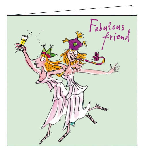 This birthday card is decorated with two women dancing while wearing matching dresses and party hats. The text on the front of the card reads 