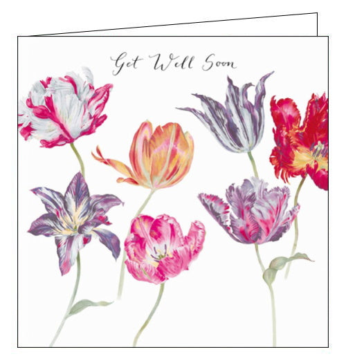 This stunning get well soon card features detail from one of Sanderson's iconic fabric and wallpaper patterns showing pink, purple and yellow tulips scattered across a white background. The text on the front of the card reads 