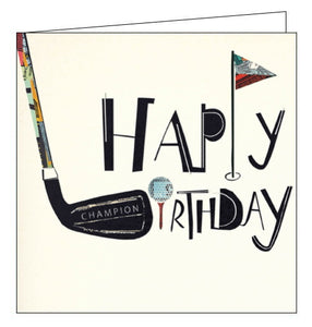 This gold themed birthday card is decorated with black text that reads reads "Happy Birthday" but some of the letters have been replaced by gold clubs, a ball and golf hole flag. 