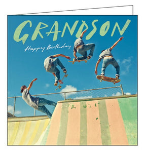 This birthday card for a cool Grandson is decorated with a photograph of a man riding his skateboard in slow motion at the skate park. The text on the front of the card reads" Grandson Happy Birthday".