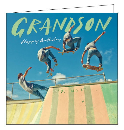This birthday card for a cool Grandson is decorated with a photograph of a man riding his skateboard in slow motion at the skate park. The text on the front of the card reads