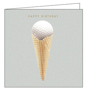 This quirky birthday card is decorated with a wafer ice cream cone - topped with a golf ball! Gold text on the front of the card reads "HAPPY BIRTHDAY".