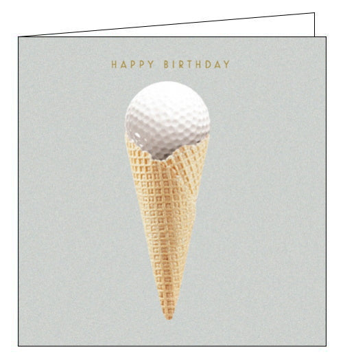 This quirky birthday card is decorated with a wafer ice cream cone - topped with a golf ball! Gold text on the front of the card reads 