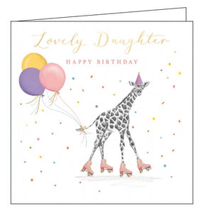 This wonderful, whimsical birthday card for a special daughter is decorated with a giraffe, ready to party in a party hat and roller-skates, with a bunch of balloons tied to its tail. The text on the front of the card reads "Lovely Daughter, Happy Birthday".