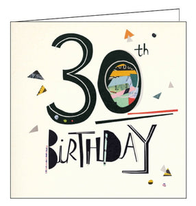 This 30th birthday card features big black text that reads "30th Birthday", embellished with silver detailing, and patchwork confetti.