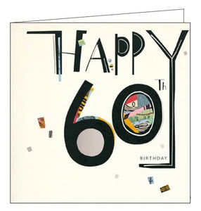 This 60th Birthday card is features big bold black text that reads "HAPPY 60th BIRTHDAY" embellished with silver detailing, and patchwork elements.