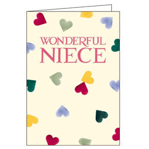 This elegant birthday card is decorated in Emma Bridgewater's inimitable style, with a scattering of colourful hearts surrounding embossed pink text that reads "Wonderful Niece".