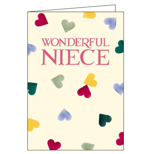 This elegant birthday card is decorated in Emma Bridgewater's inimitable style, with a scattering of colourful hearts surrounding embossed pink text that reads 