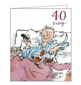 On this 40th Birthday card a man enjoys breakfast in bed. Text on the front of the card reads "40 today".