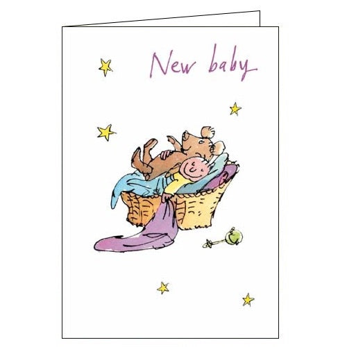 This anniversary card from Quentin Blake features an adorable little baby, curled up with a teddy bear, in a wicker basket. The text on the front of the card reads 