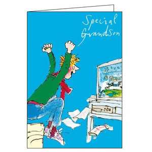 This birthday card for a special Grandson shows a man sitting on the sofa, cheering his football team on the tv. Text on the card reads "Special Grandson".