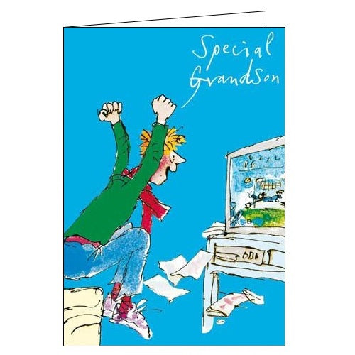 This birthday card for a special Grandson shows a man sitting on the sofa, cheering his football team on the tv. Text on the card reads 