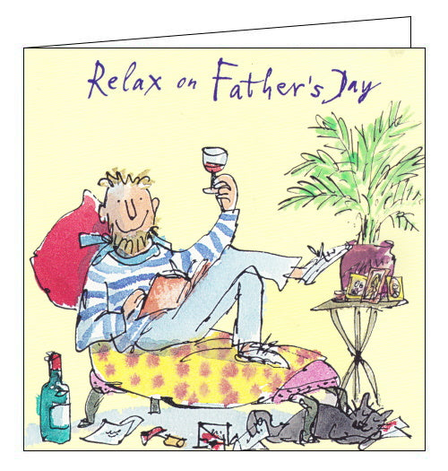 This fantastic, bright and witty father's day card features the artwork of Quentin Blake. Blake's illustrations are instantly recognisable and loved by all due to his long association with the stories of Roald Dahl. On the front of this fathers day card a gentleman relines on a chaise with a book and a glass of wine. The text on the front of the card reads 