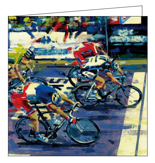 This birthday card features detail from an artwork by Rob Ljbema showing cyclists being cheered on by a spectating crowd as they race past.