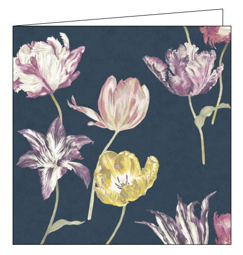 This stunning blank greetings card features detail from one of Sanderson's iconic fabric and wallpaper patterns showing pink, purple and yellow tulips scattered across a dark blue background.  A spectacular watercolour painting celebrates the beauty and diversity of tulips in full bloom contrasting the flowers with a background of deep indigo.