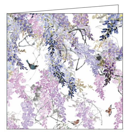 This blank greetings card features detail from one of Sanderson's iconic wallpaper and fabric designs showing tiny birds perched among long draping branches of pink and purple wisteria flowers.