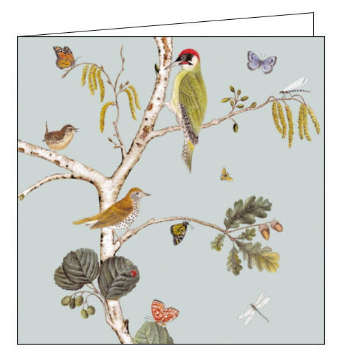 This blank greetings card features detail from one of Sanderson's iconic interior fabric and wallpaper prints showing birds, butterflies, bees and insects of all kinds living harmoniously together on one tree. The artwork artwork featured on this card was inspired by an eighteenth painting of plants and animals.