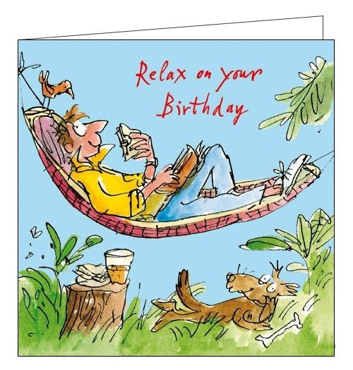 Woodmansterne Quentin Blake Happy Birthday For him Hanging Around relaxing gardens card Nickery Nook