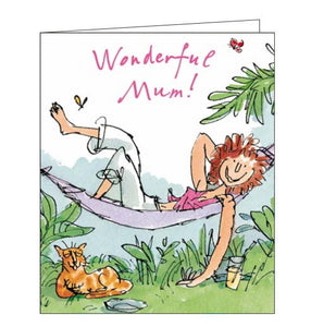 This birthday card for a special Mum features an illustration of a lady relaxing in a hammock with a ginger cat lying on the grass beside her. The text on the front of the card reads "Wonderful Mum!"