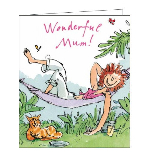 This birthday card for a special Mum features an illustration of a lady relaxing in a hammock with a ginger cat lying on the grass beside her. The text on the front of the card reads 