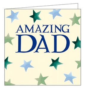 This birthday card for a special dad is decorated in Emma Bridgewater's inimitable style, with green and blue stars and embossed blue serif-text that reads "Amazing Dad".