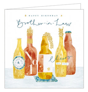 Ths birthday card for a special brother in law is decorated with a row of yellow and orange craft beer bottles. Blue text on the front of the card reads "Happy Birthday Brother-in-Law...Cheers to you".