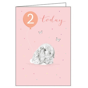 This adorable 2nd Birthday card features an illustration of a baby rabbit surrounded by butterflies. Pink text on the front of the card reads "2 today".