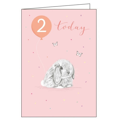 This adorable 2nd Birthday card features an illustration of a baby rabbit surrounded by butterflies. Pink text on the front of the card reads 