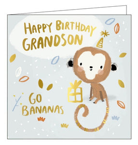 This adorable birthday card for a special grandson is decorated with a cheeky brown monkey wearing a golden party hat. Gold text on the front of this birthday card reads "Happy Birthday Grandson...go bananas"