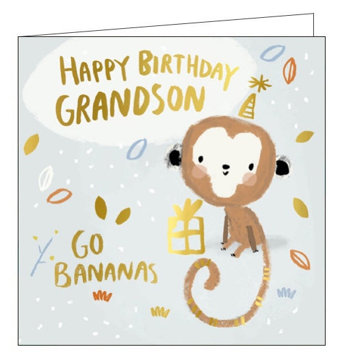 This adorable birthday card for a special grandson is decorated with a cheeky brown monkey wearing a golden party hat. Gold text on the front of this birthday card reads 