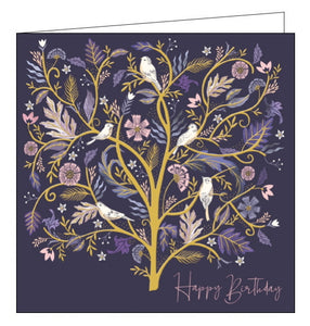 This beautiful birthday card from the National Trust is decorated with a gold foil tree populated with white doves and pink and lilac coloured leaves. The text on the front of the card reads "Happy Birthday".