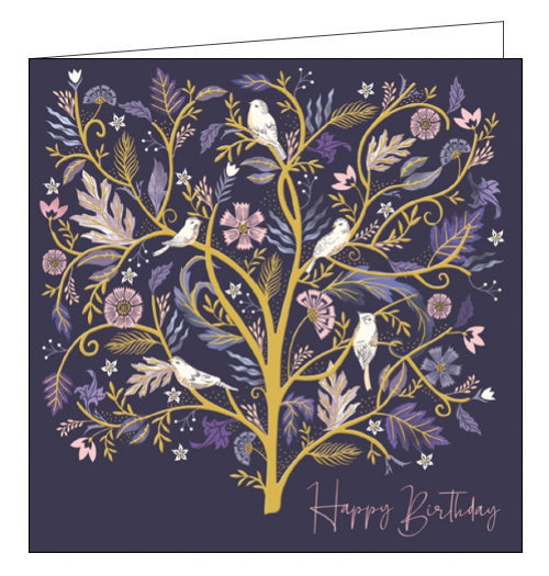 This beautiful birthday card from the National Trust is decorated with a gold foil tree populated with white doves and pink and lilac coloured leaves. The text on the front of the card reads 
