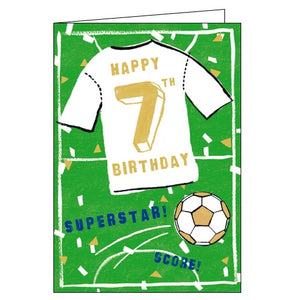 This football themed 7th birthday card is decorated with a white shirt, white and gold football and matching confetti. Gold text on the football shirt reads "Happy 7th Birthday".