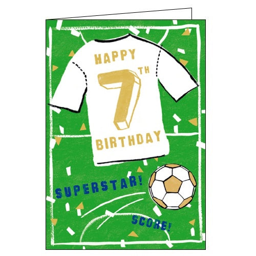 This football themed 7th birthday card is decorated with a white shirt, white and gold football and matching confetti. Gold text on the football shirt reads 