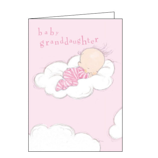 A baby girl in a pink sleepsuit sleeps soundly on a fluffy white cloud on the front of this new baby card. Pink lettering besides her reads 