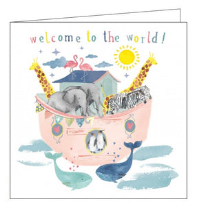 This beautiful new baby card is decorated with a pink, bunting draped, Noah's Ark populated by two giraffes, two elephants, two zebras, flamingos and with two whales swimming around the boat. Multi-coloured text on the front of the card reads "welcome to the world!".