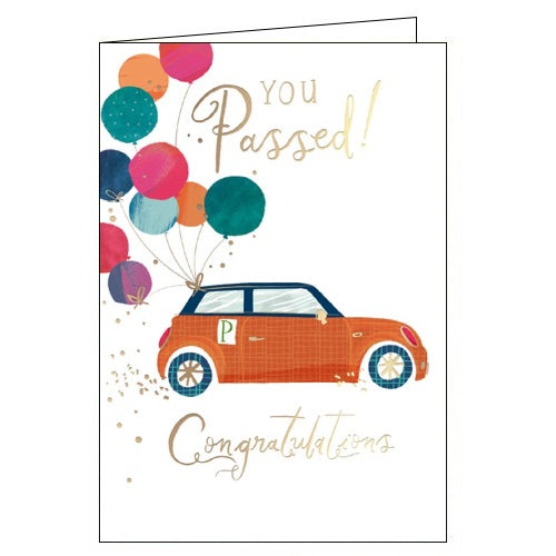 This congratulations card is decorated with a cute illustration of a brightly coloured little car with a huge bunch of balloons tied to the back. Gold script on the card reads 