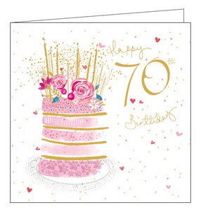 This 70th birthday card is decorated with a pink and gold tiered birthday cake topped with bright pink flowers and golden candles. Text on the front of the card reads "Happy 70th Birthday".