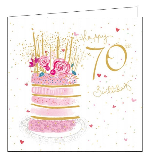 This 70th birthday card is decorated with a pink and gold tiered birthday cake topped with bright pink flowers and golden candles. Text on the front of the card reads 
