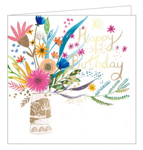 This lovely birthday card is decorated with a huge, brightly coloured bouquet of flowers in a gold vase. Gold text on the front of the card reads "Happy Birthday".